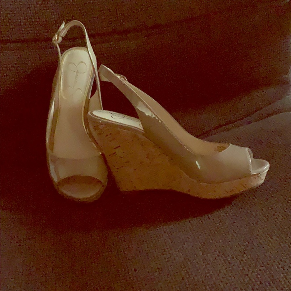 Jessica Simpson nude wedges patent leather